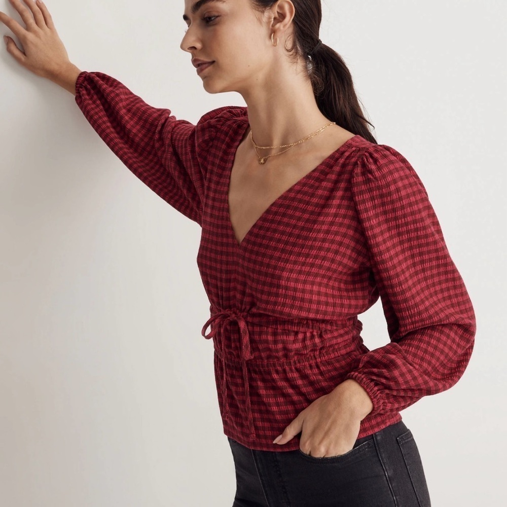 Madewell Crinkled V-Neck Peplum Top in Plaid Sizs XS